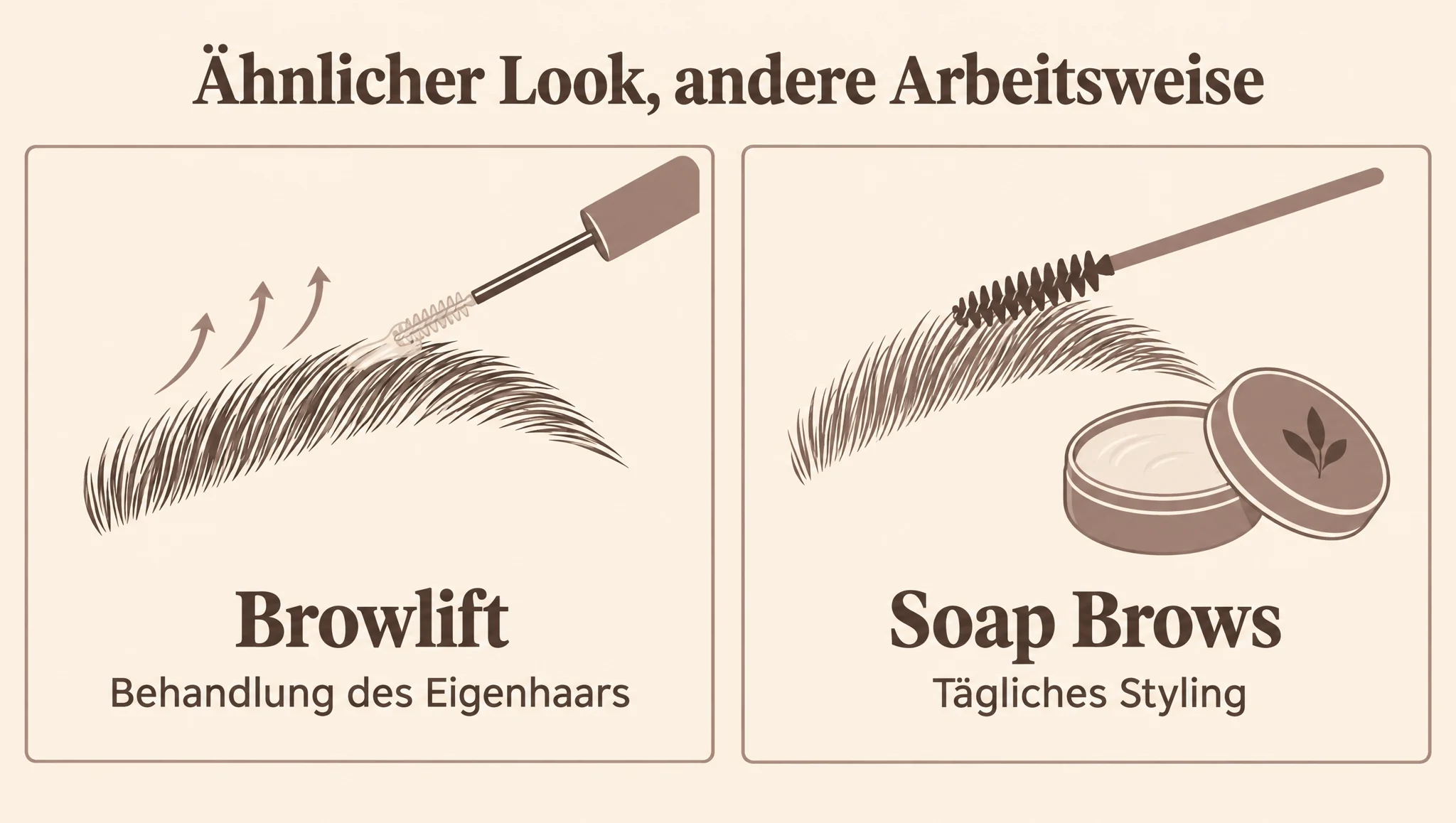 Zwei schematische Augenbrauen mit Behandlungswerkzeug beziehungsweise Stylingbürste und Seife.
