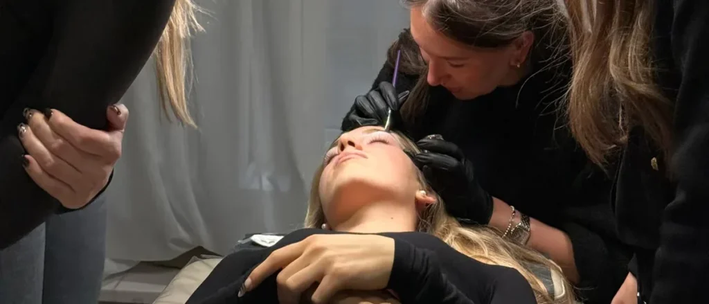 Eine Teilnehmerin arbeitet mit Handschuhen im Augenbrauenbereich eines liegenden Modells.