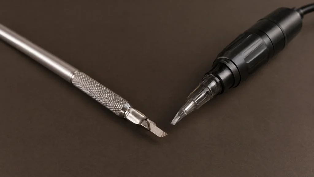 Elektrisches PMU-Handstück und manueller Microblading-Stift nebeneinander.
