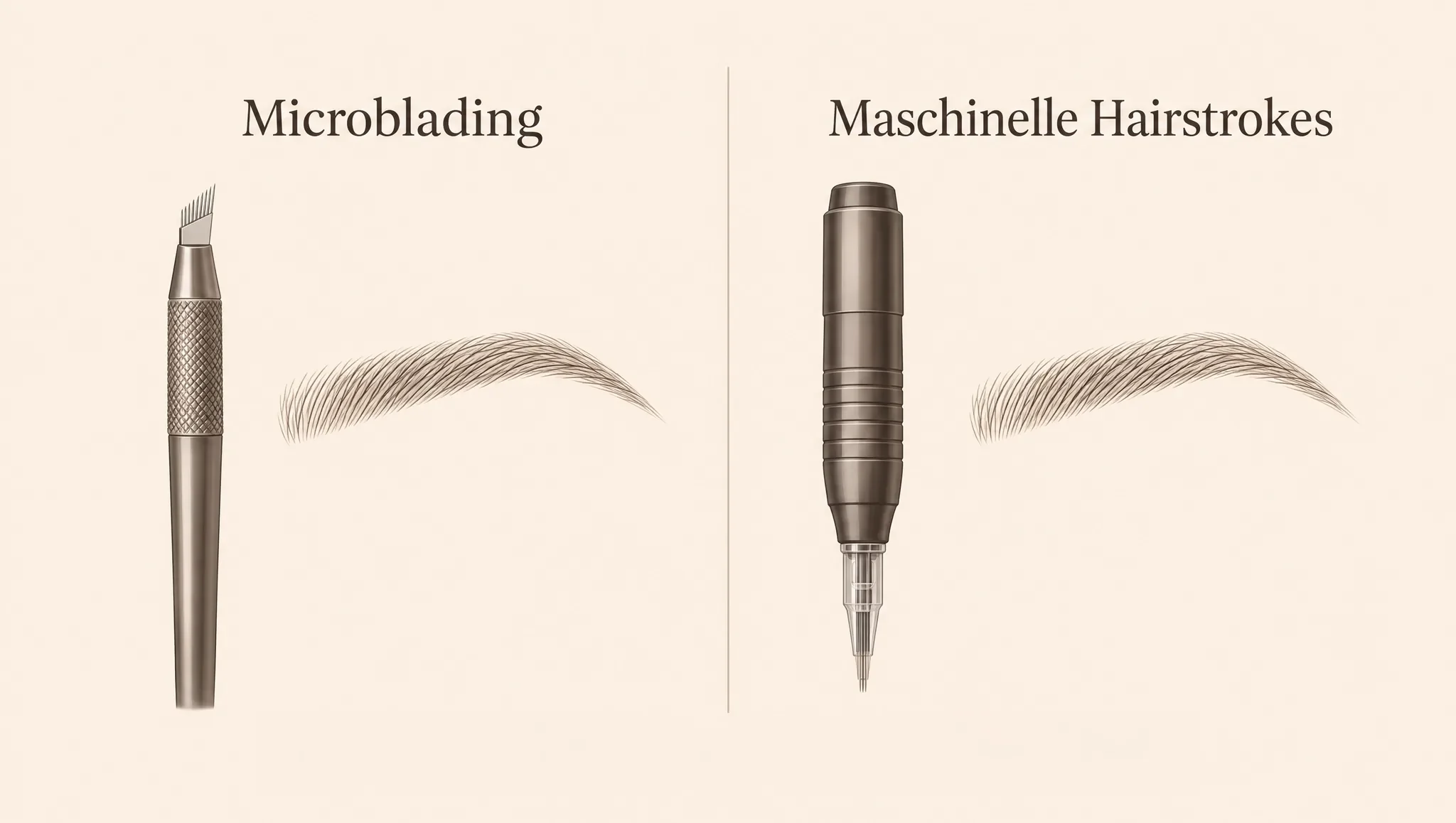 Illustration: links ein manuelles Microblading-Handstück, rechts ein PMU-Handstück für maschinelle Hairstrokes, jeweils neben einer schematischen Augenbraue.
