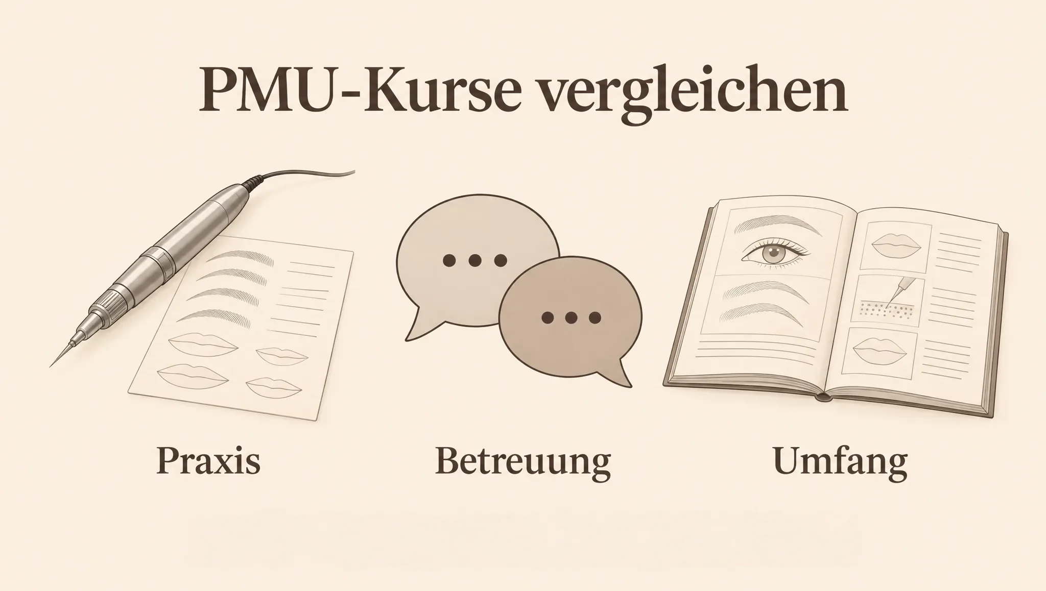 Illustration zur PMU-Kurswahl mit den Bereichen Praxis, Betreuung und Umfang.