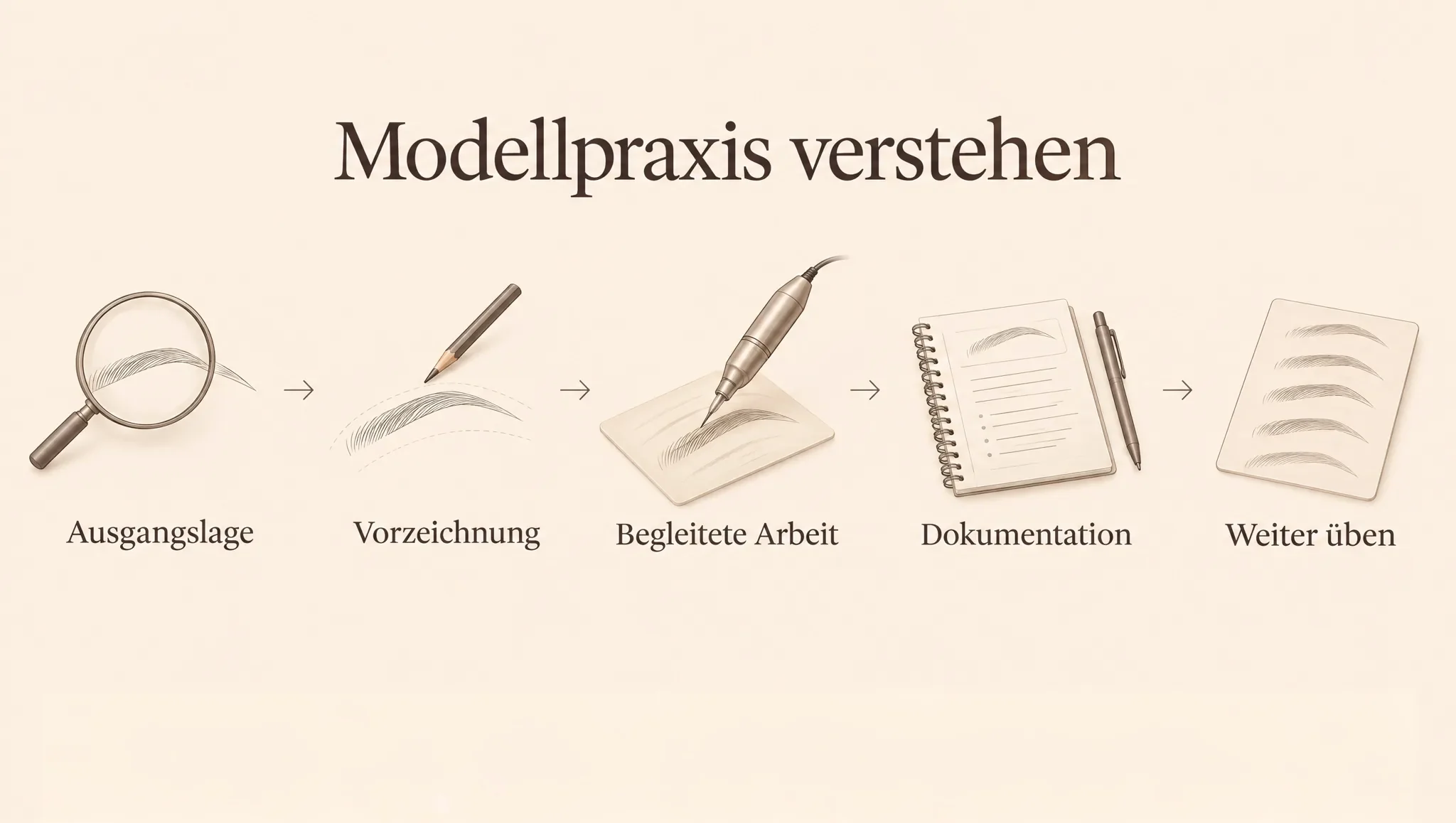 Illustration der PMU-Modellpraxis mit fünf Lernphasen von der Ausgangslage bis zum nächsten Übungsschritt.