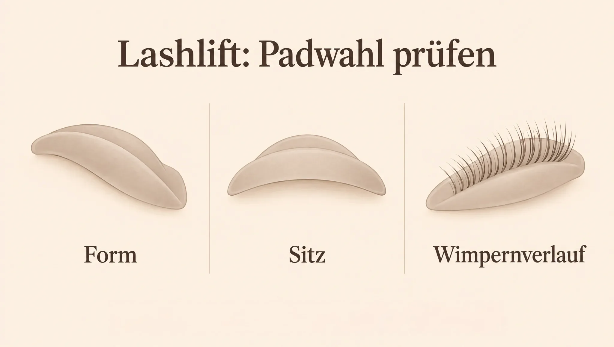 Illustration zur Lashlift-Padprüfung mit den Prüfpunkten Form, Sitz und Wimpernverlauf.