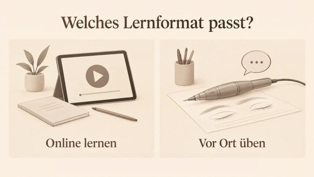 Illustration zum Vergleich von Online-Lernen am Tablet und begleiteter Beauty-Praxis vor Ort.