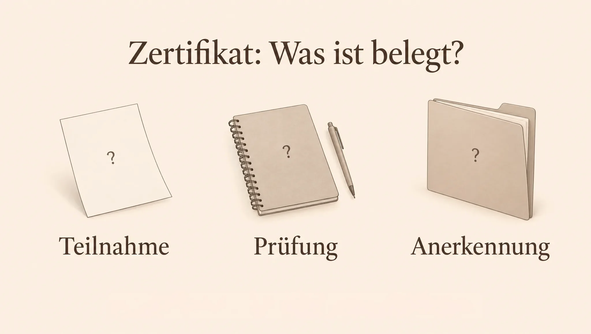 Illustration mit den Prüffragen zu Teilnahme, Prüfung und Anerkennung eines Beauty-Schulungsabschlusses.
