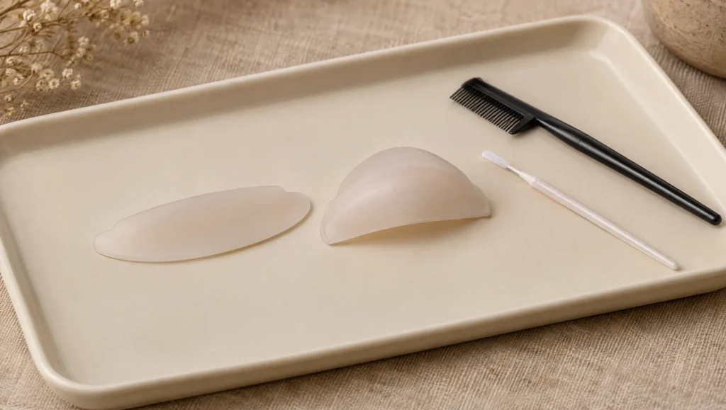 Flache und gewölbte Silikonform neben Wimpernkamm und Mikroapplikator.