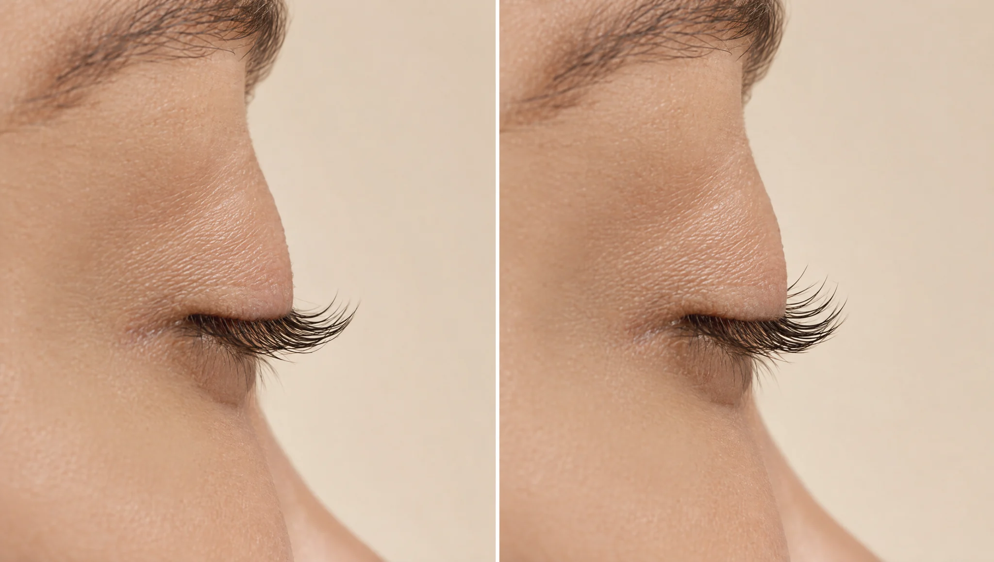 Zwei seitliche Augen-Nahaufnahmen mit einem runderen Wimpernbogen links und einer aufrechteren Ansatzrichtung rechts.