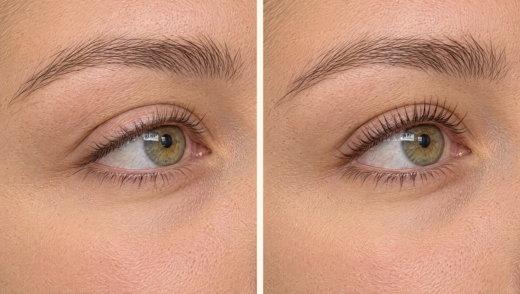 Zwei Augen-Nahaufnahmen mit kurzen gerade gerichteten Wimpern links und stärker aufgerichteten Wimpern rechts.