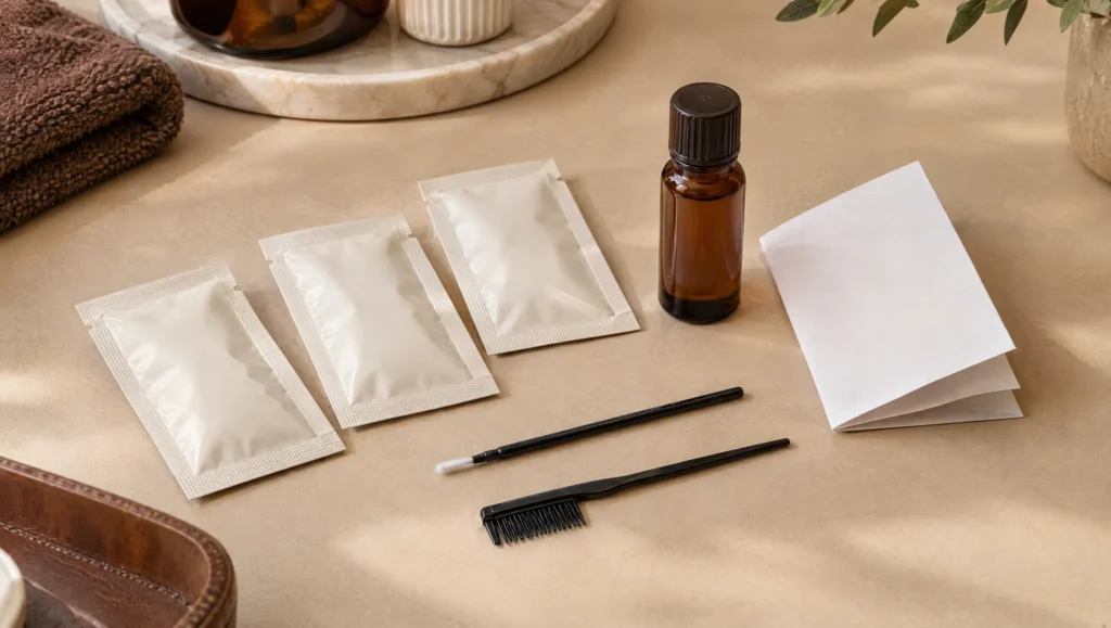 Neutrale Kosmetikverpackungen, eine Anleitung, Wimpernkamm und Mikroapplikator.