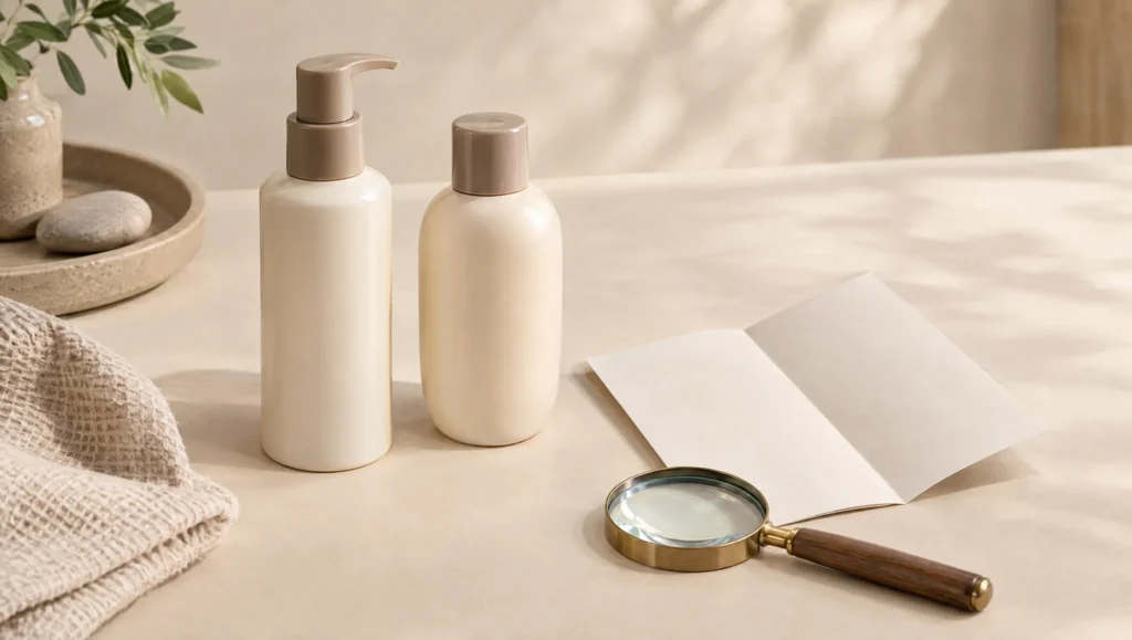Neutrale Lotionbehälter und Produktunterlagen auf einer Ablage.