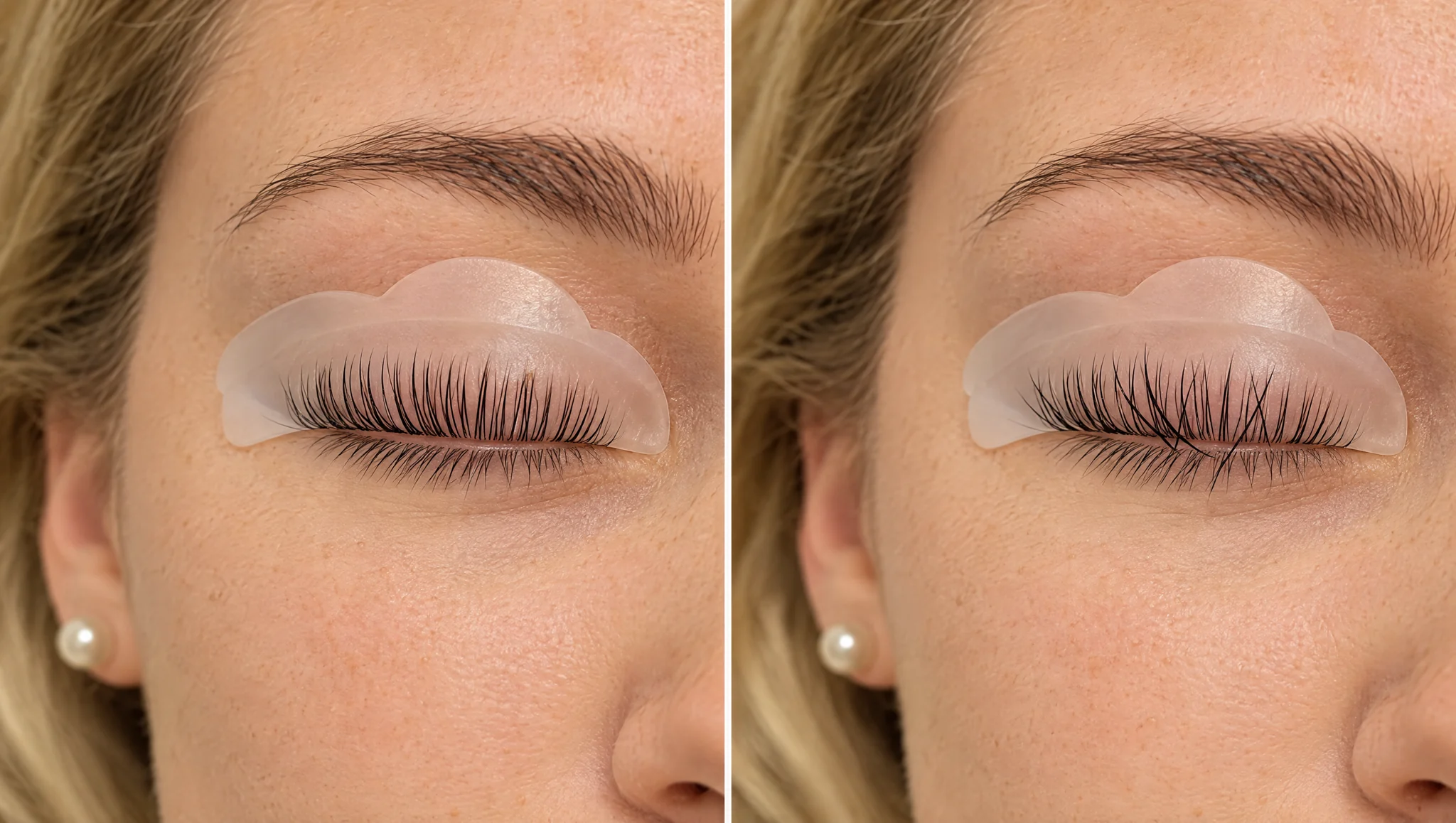 Zwei geschlossene Augen mit Wimpern auf Silikonpads, links gleichmäßiger und rechts mit gekreuzten Haaren.