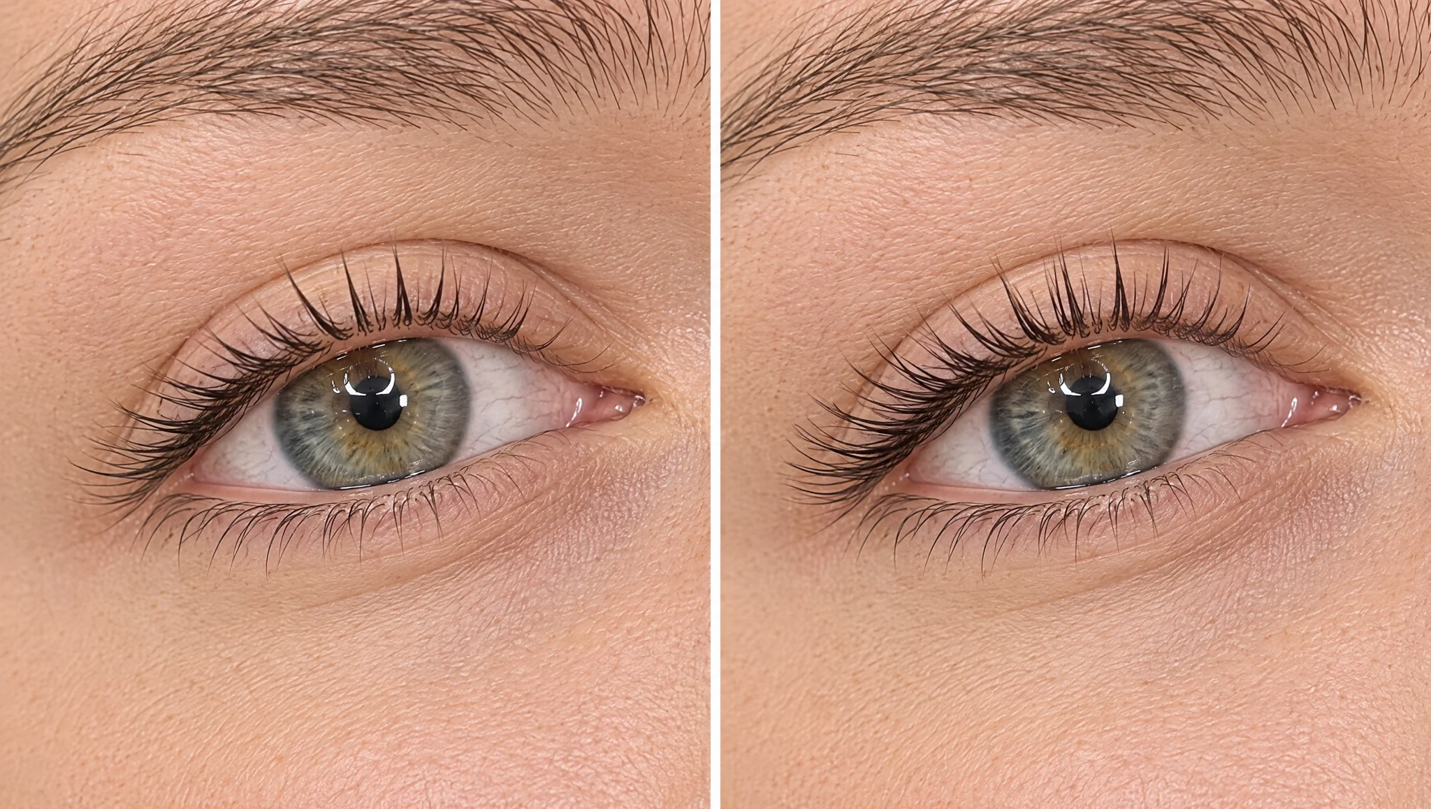 Zwei Augen-Nahaufnahmen mit kürzeren getrennten Wimpern links und längeren, dichteren Wimpern rechts.