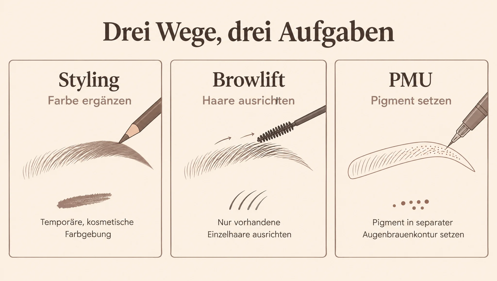 Drei Zeichnungen zeigen Farbe ergänzen, vorhandene Augenbrauenhaare ausrichten und Pigment setzen.