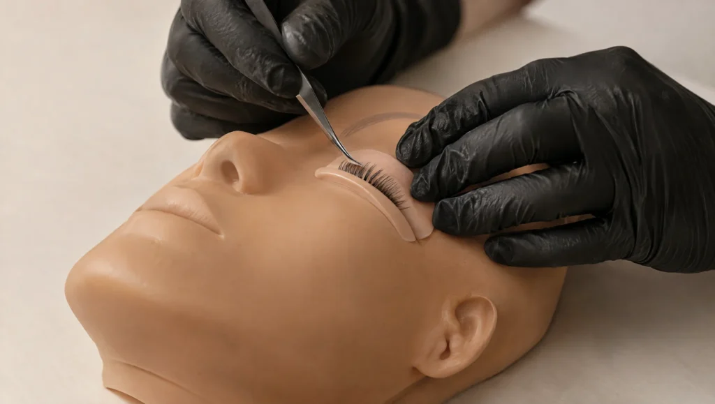 Behandschuhte Hände richten synthetische Wimpern an einem Übungsmodell auf einem Pad aus.