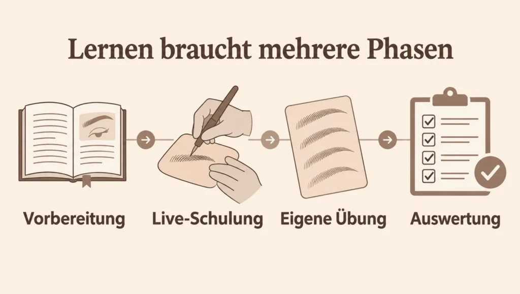 Grafische Zeitleiste von Vorbereitung, Schulung, eigener Übung und Rückmeldung.