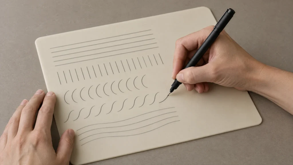 Hände zeichnen mit einem Stift gerade und gebogene Linien auf einer Übungsfläche.