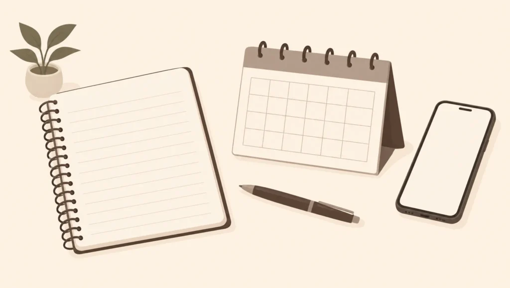 Schematische Nachsorgenotizen, Kalender und Kontaktmöglichkeit.