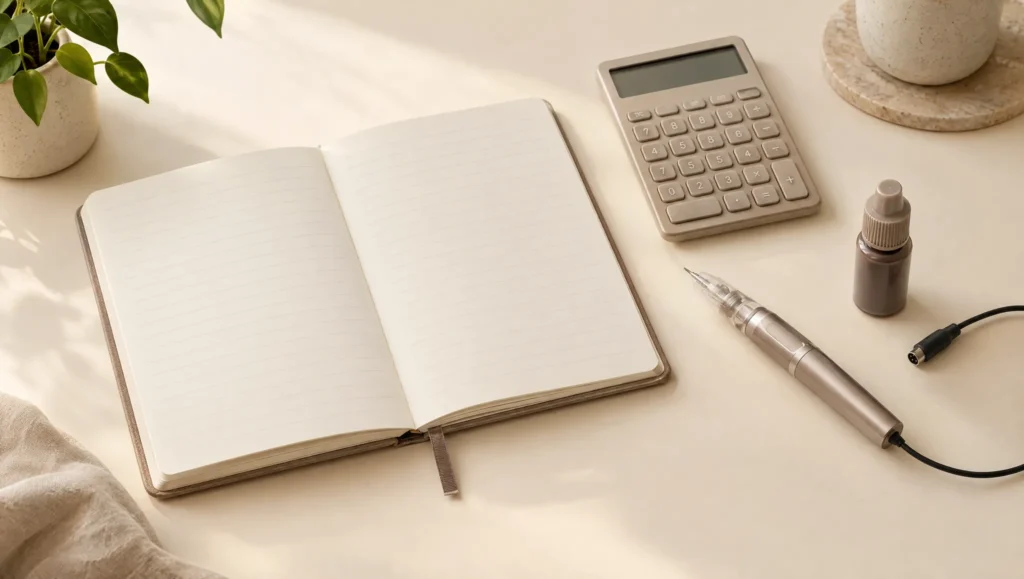 Notizbuch, Taschenrechner und Stift zur Budgetplanung.
