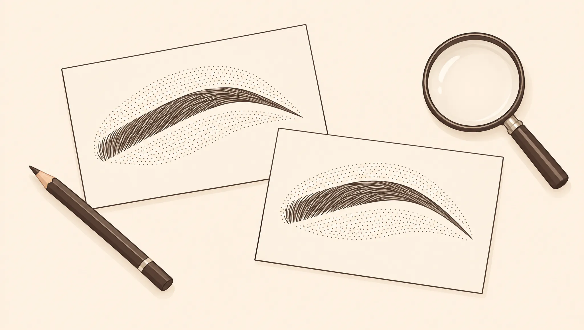 Schematische Augenbrauenformen und Schattierungsübungen auf Papier.